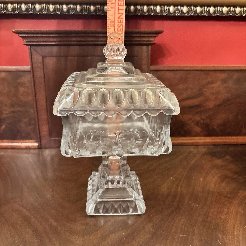 Circa 1950 Vintage Pressed Glass Pedestal Candy Dish Compote w Lid